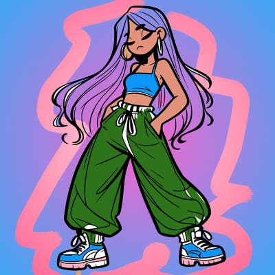 girl in baggy pants crop top and long hair