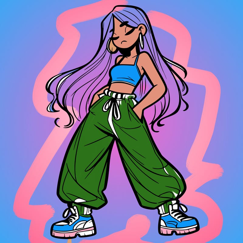 girl in baggy pants crop top and long hair