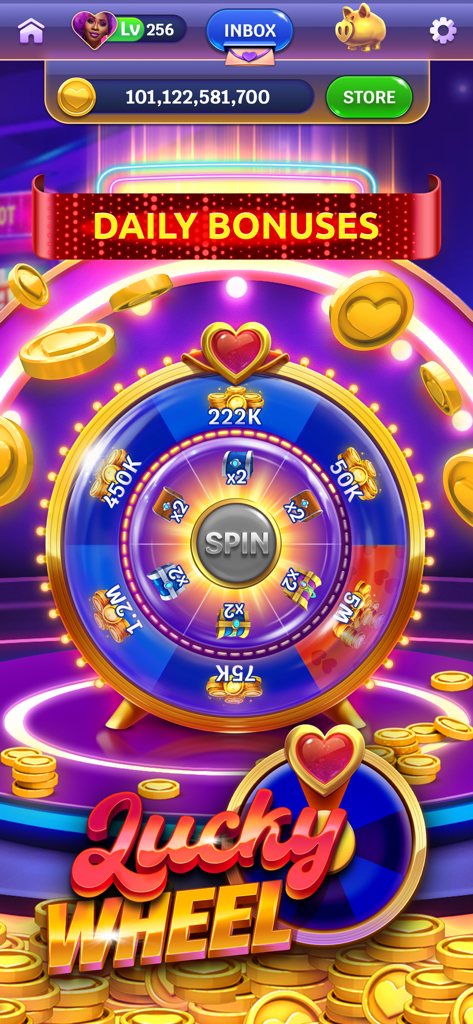 Heart of Vegas lucky wheel showing daily bonus coin prizes