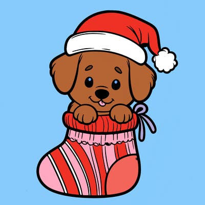 cute puppy wearing santa hat in socking