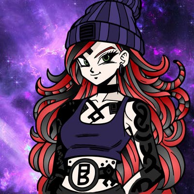 dbz anime beautiful punk woman with long snake hair wearing a beanie, rune symbol tattoos all over body