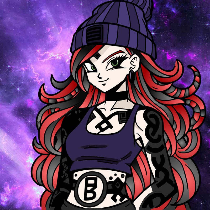 dbz anime beautiful punk woman with long snake hair wearing a beanie, rune symbol tattoos all over body