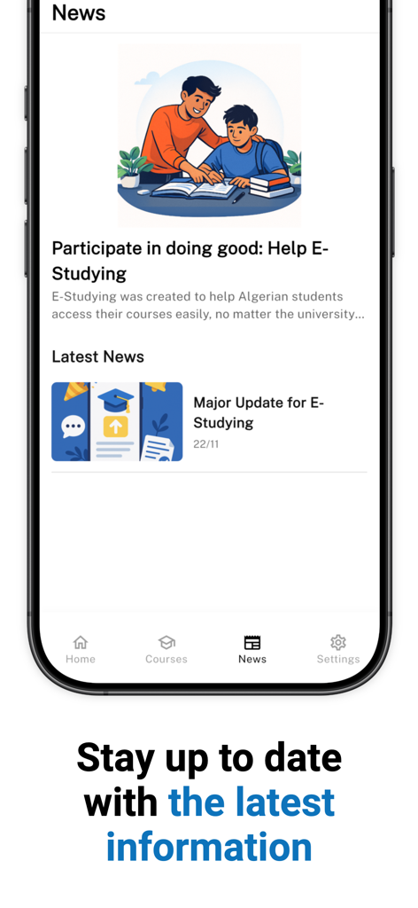 E-Studying – Study in Algeria - The News screen of the E-Studying app featuring latest updates and educational resources for Algerian students.