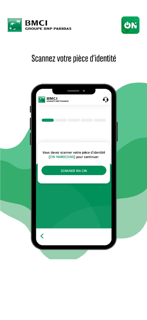 BMCI ON - BMCI ON mobile App-Bildschirm, der den Benutzer auffordert, seinen marokkanischen Personalausweis zu scannen