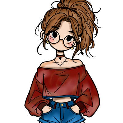 girl with a messy ponytail glasses a baggy crop top and jean shorts