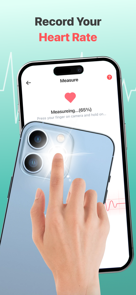 Uma tela de iPhone mostrando o recurso de medição da frequência cardíaca com um dedo na câmera