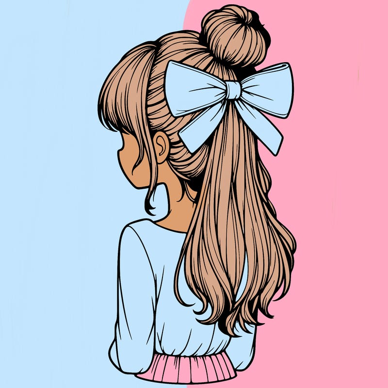 realistic girl  with hip length hair a bun and a big bow on the back of head