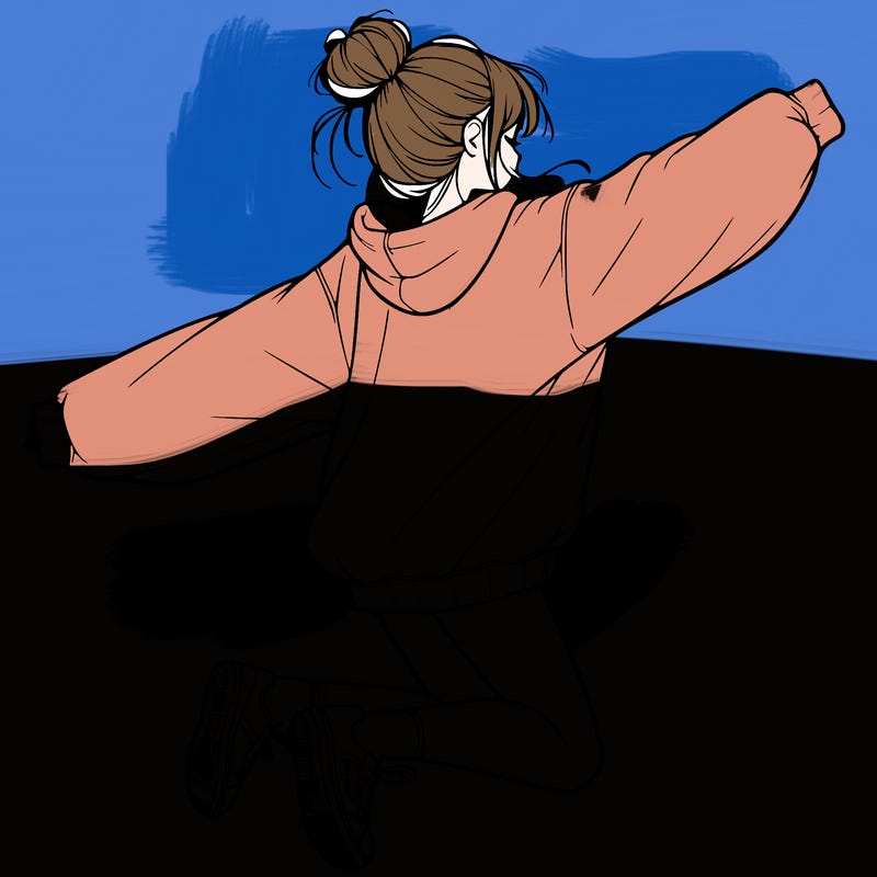 realistic girl jumping with a bun and oversized sweatshirt