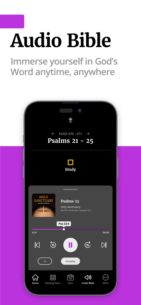 Filament Bible - Smartphone displaying the Audio Bible player in the Filament Bible app playing Psalms 23