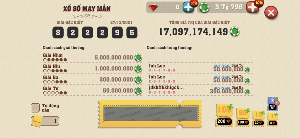 Función de lotería de la suerte en la aplicación Tien Len Mien Nam que muestra el jackpot y boletos de rasca y gana.
