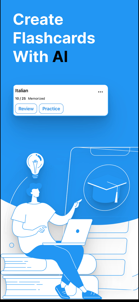 Flashcards World - AI Cards - App interface for creating flashcards with AI featuring an illustration of a student and a study progress card