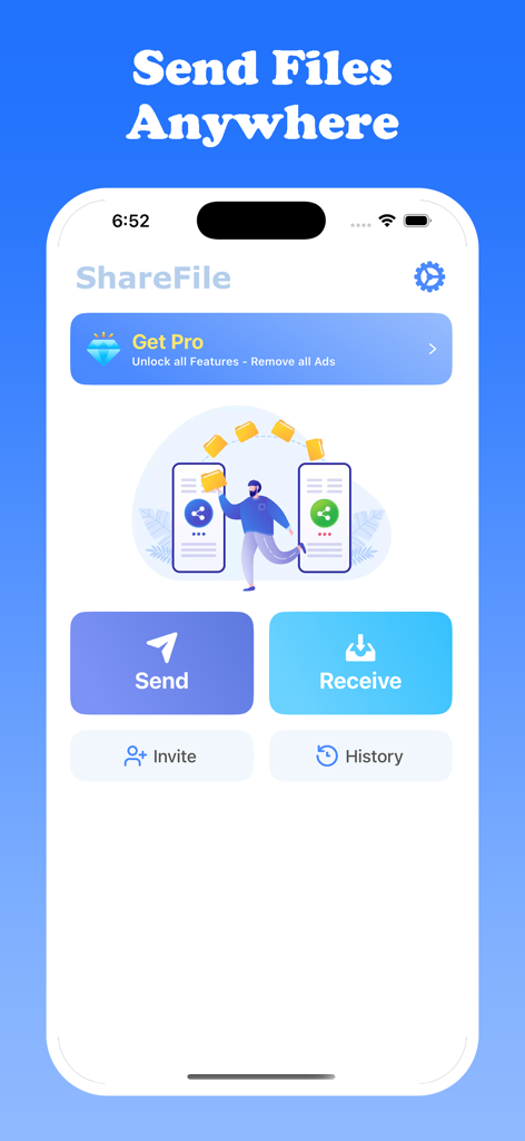 SHARE Lite - Fast File Share - SHARE Lite app home screen displaying send and receive buttons for wireless file transfer