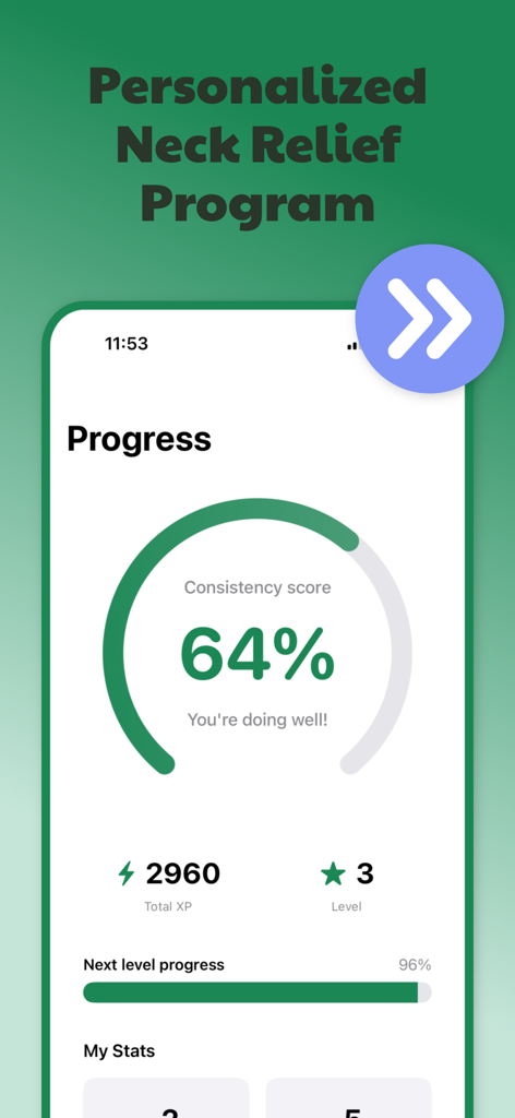 Necklo app progress dashboard showing a consistency score and level tracking for neck relief exercises