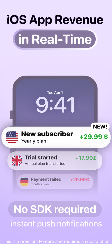 NewSub: App Developer Alerts - iPhone lock screen showing real-time app revenue and subscriber notifications