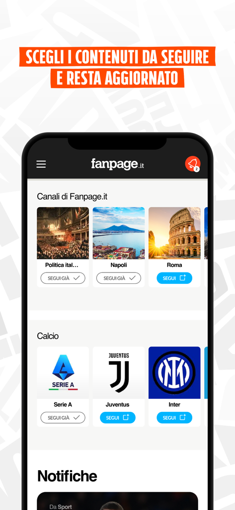 Fanpage - Fanpage app interface showing news categories and soccer team selection for Italian news personalization.