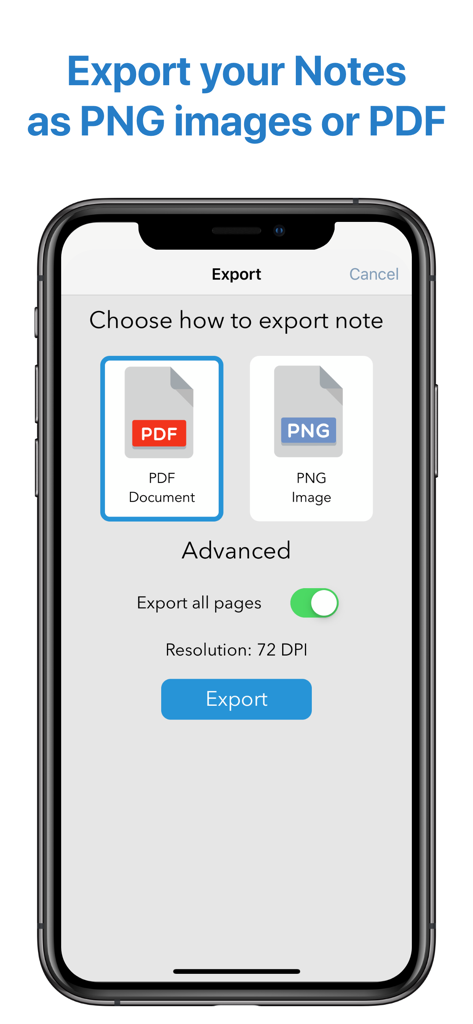 QuickNotes X Pro app interface showing options to export notes as PDF or PNG images.