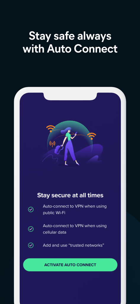 Avast Secureline VPN app interface showing the auto-connect feature for public Wi-Fi and cellular data protection