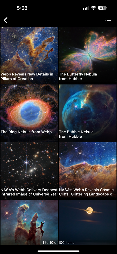 NASA - A gallery of high-resolution space images including nebulae and galaxies in the NASA app.