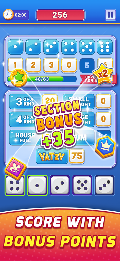 Juego móvil Yatzy Clash mostrando una sección de bonificación y puntuación alta