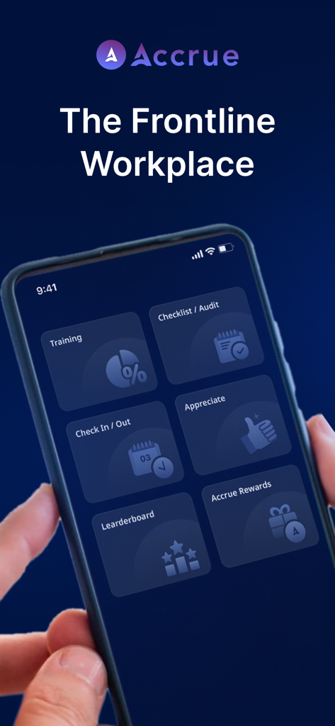 Accrue mobile app Dashboard mit Funktionen für Schulungen, Belohnungen und das Management von Frontline-Mitarbeitern