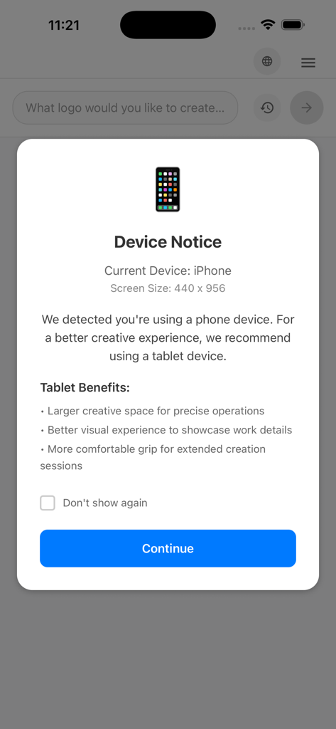 GG AI LogoMaker - Aviso en pantalla del dispositivo recomendando una tablet para una mejor experiencia de diseño de logos en la app GG AI LogoMaker.