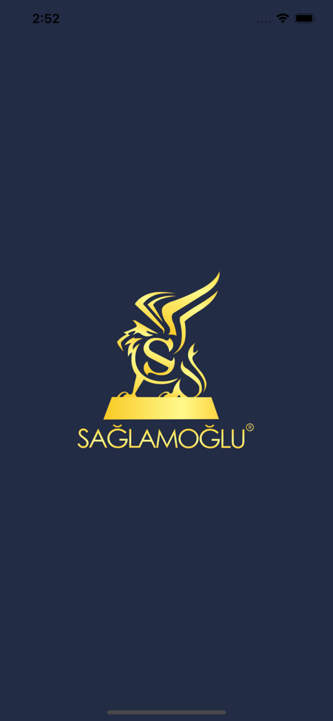 Tela de abertura do aplicativo Sağlamoğlu Altın com um logotipo e nome dourados em um fundo azul escuro