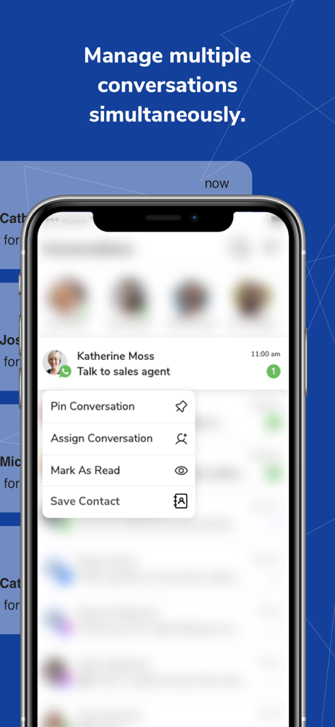 Interfaz de la aplicación móvil SMS-Magic que muestra opciones para fijar o asignar conversaciones empresariales.