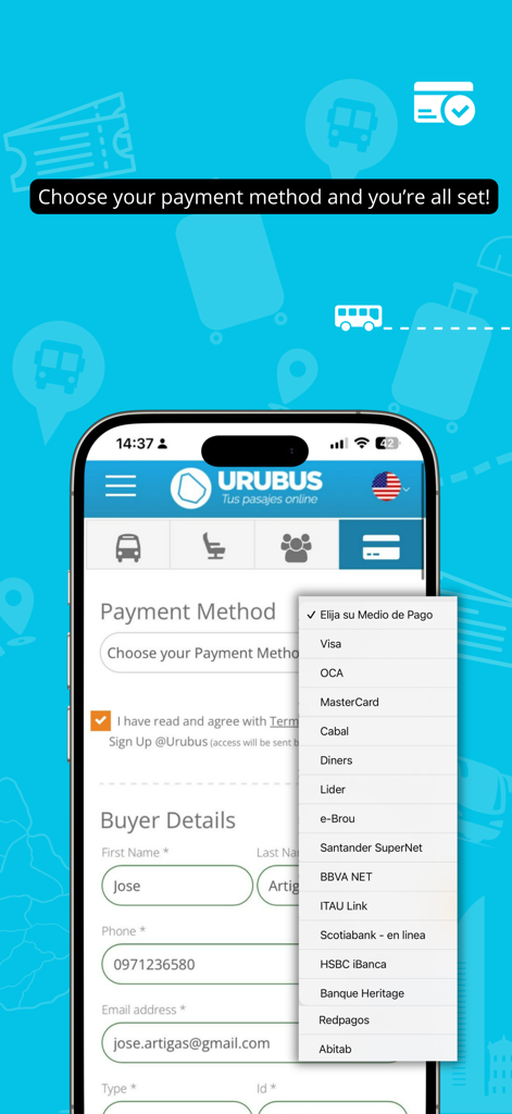 URUBUS - URUBUS app screen for choosing a payment method and entering buyer details for bus tickets