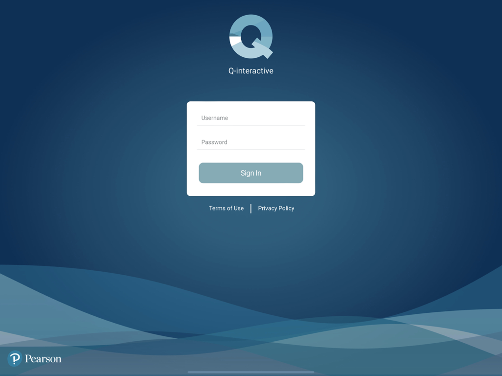 Q interactive Assess - Login screen for Q-interactive Assess app featuring username and password input fields and a sign-in button