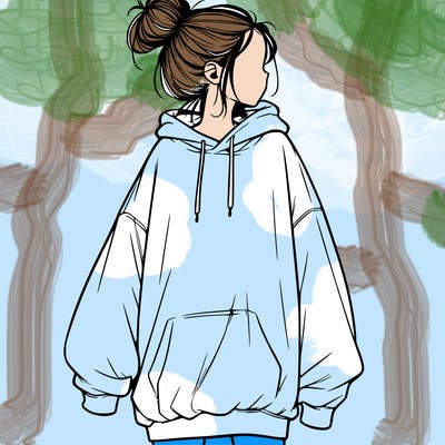 realistic girl with a oversized sweatshirt on and a bun