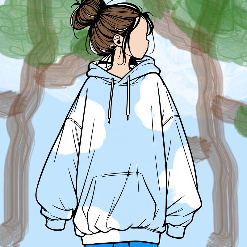 realistic girl with a oversized sweatshirt on and a bun