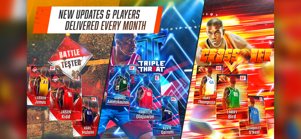 Display of collectible NBA player cards like LeBron James and Shaquille O'Neal with monthly update announcement