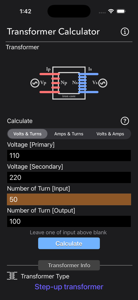 Transformer Calculator app interface showing a step-up transformer calculation with voltage and turns input fields