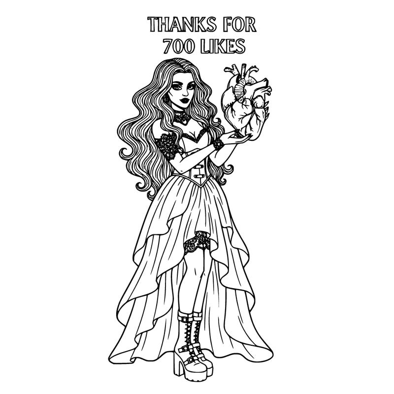 make a goth woman with fangs holding a heart that says thanks for 700 likes above her