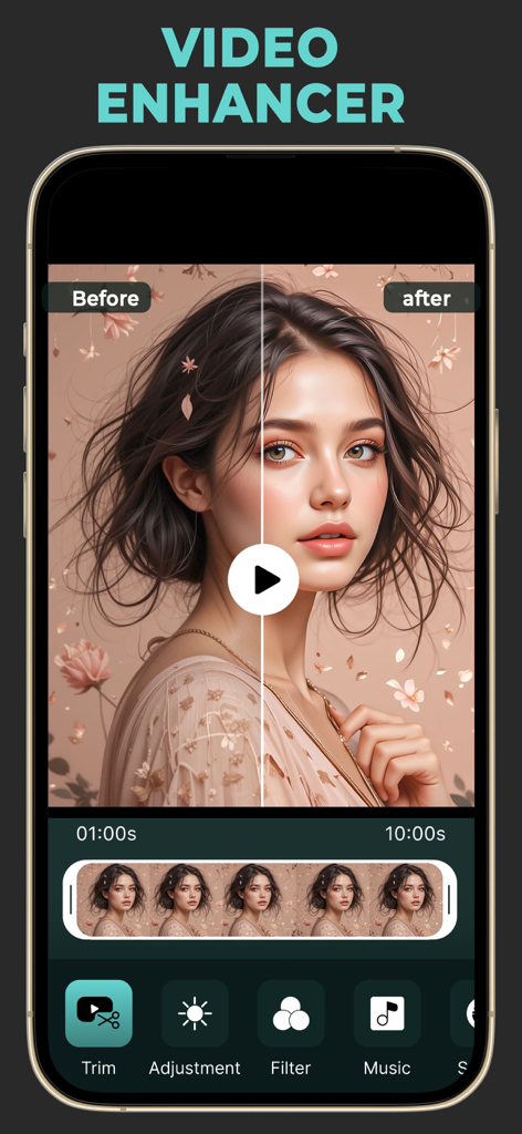 シャープ化されたポートレートとビデオ編集ツールのサイドバイサイド比較を示すビデオエンハンスメント機能が表示されたスマートフォンの画面。