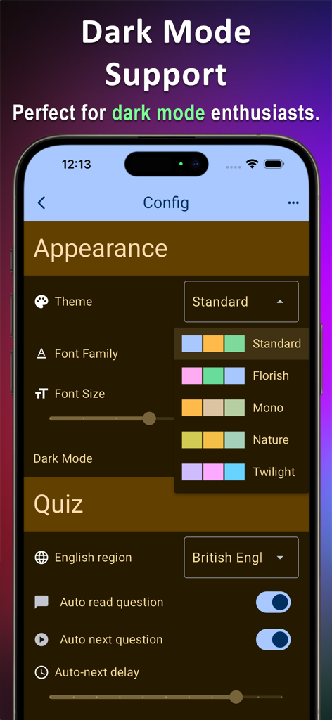 English Grammar Expert AI - English Grammar Expert AI app configuration screen showing dark mode support and theme customization options
