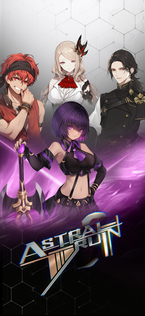 Void Genesis - 紫色の霧の前に立つ4体のアニメスタイルのキャラクター。下部にはAstral Ruinのテキストが表示されている。