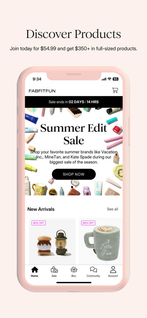 FabFitFun app interface displaying the Summer Edit Sale and a section for New Arrivals.