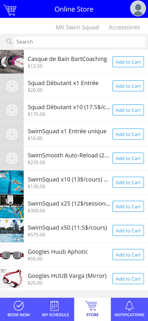 Bart Coaching - Bart Coaching mobile app online store interface showing triathlon swim gear and squad training packages