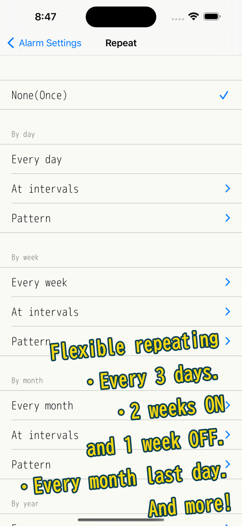 Pantalla que muestra opciones de repetición flexibles para las alarmas, incluyendo patrones diarios, semanales y mensuales