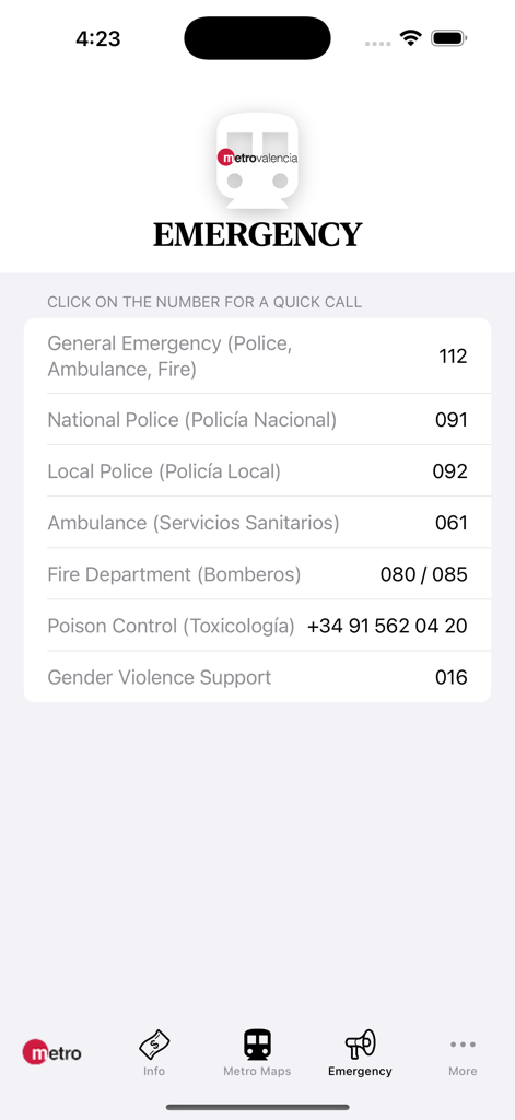 Pantalla de números de contacto de emergencia en la aplicación Valencia Subway Map mostrando los servicios de emergencia locales españoles