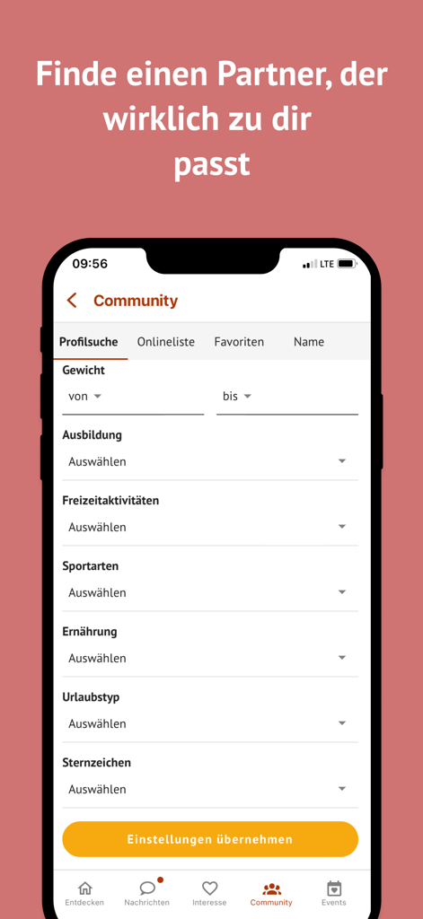 A smartphone screen displaying the Funkenflug dating app search filters for interests and lifestyle preferences