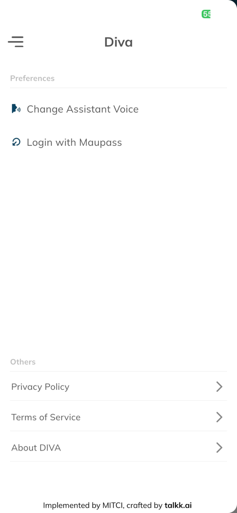 Settings menu of the MAIA Bot app showing preferences and legal information