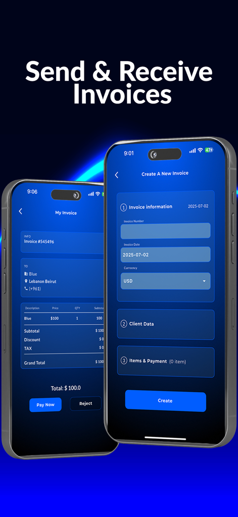 Blue Wallet Fintech - Pantallas de la aplicación Blue Wallet Fintech para enviar y recibir facturas digitales.