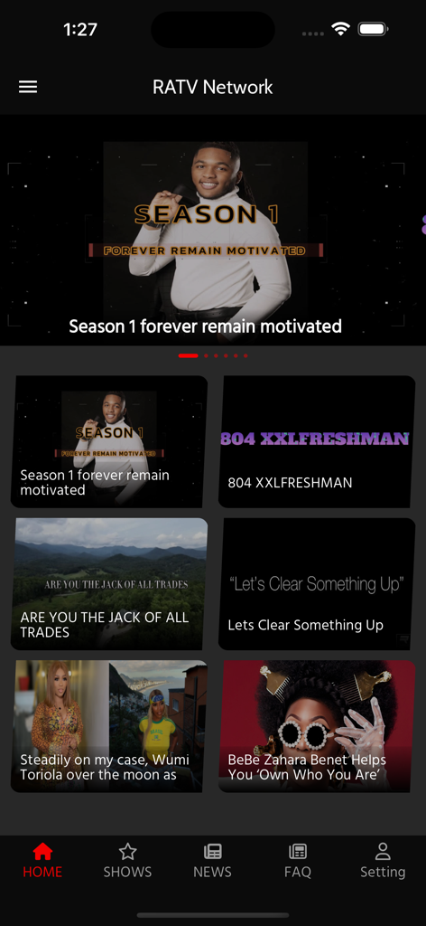 RATV Network - RATV Network mobile app home screen showing a collection of original shows and news content