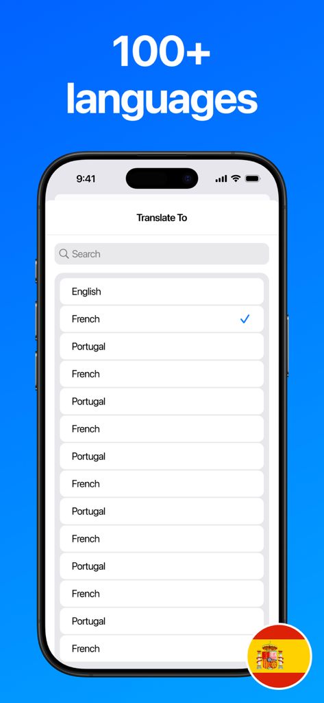 AI Lissa translator app displaying a menu of over 100 available languages on an iPhone