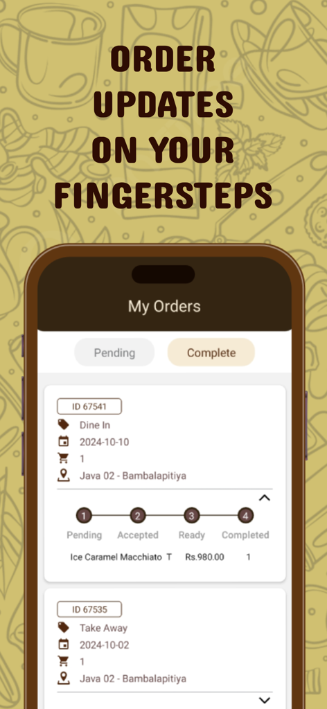 Java Lounge app screen showing real-time coffee order tracking and status updates