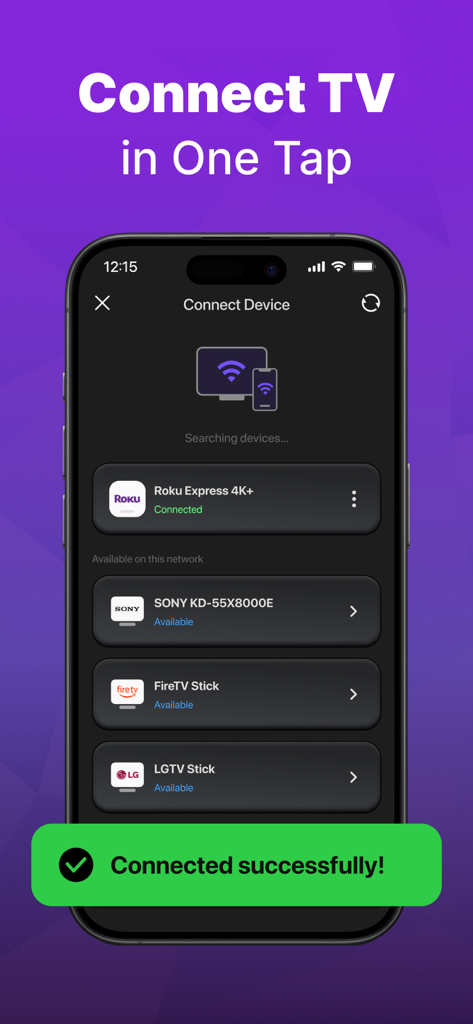 App-Oberfläche, die verbundene Smart-TV-Geräte mit der Universalfernbedienung anzeigt