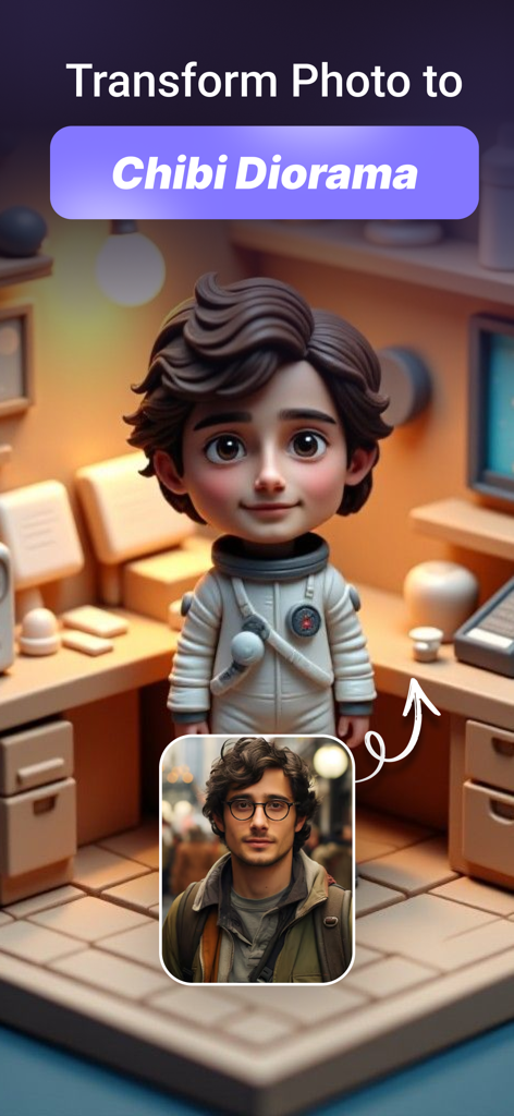 A man's photo transformed into a 3D chibi miniature character in a detailed diorama scene.