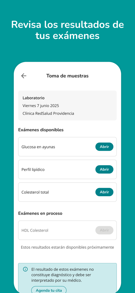 MiRedSalud - Interfaz de la aplicación MiRedSalud que muestra una lista de resultados de exámenes de laboratorio disponibles